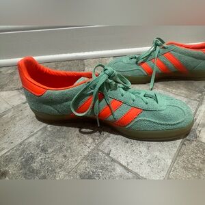 adidas Green Suede Sneakers with Bright Orange Stripes